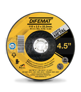DISCO DE CORTE PARA ACERO INOXIDABLE 4,5" 115 X 2,5 X 22,2 - DIFEMAT®