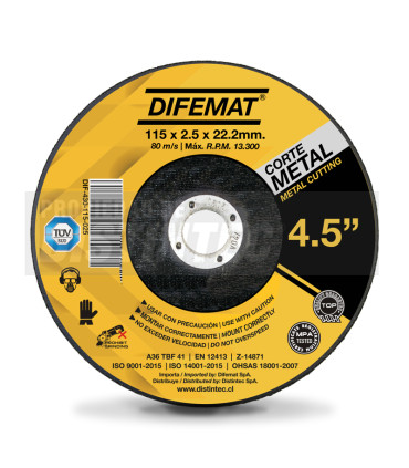 DISCO DE CORTE PARA ACERO INOXIDABLE 4,5" 115 X 2,5 X 22,2 - DIFEMAT®