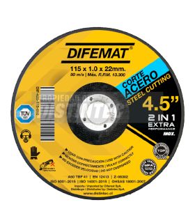 DISCO DE CORTE PARA ACERO/ACERO INOXIDABLE 4,5" 115 X 1 X 22 - DIFEMAT®