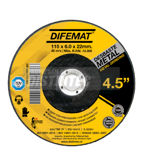 DISCO DE DESBASTE PARA METAL 4,5" 115 X 6 X 22 - DIFEMAT®