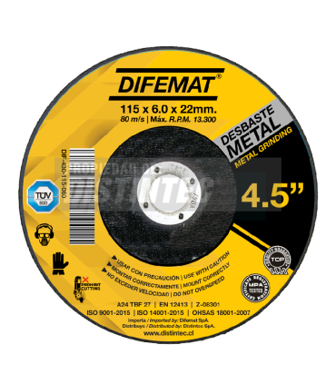 DISCO DE DESBASTE PARA METAL 4,5" 115 X 6 X 22 - DIFEMAT®