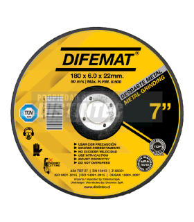 DISCO DE DESBASTE PARA METAL 7" 180 X 6 X 22 - DIFEMAT®