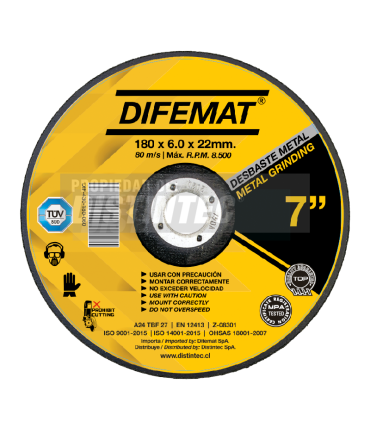 DISCO DE DESBASTE PARA METAL 7" 180 X 6 X 22 - DIFEMAT®
